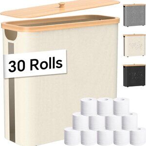 Toilet Paper Storage w/Bamboo Lid, 33.8L Foldable Toilet Paper Basket Organizer